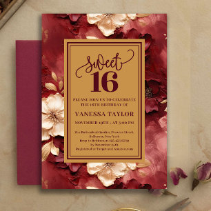 Elegante Sweet 16 Burgund Weinrot Gold Blumen Einl Einladung