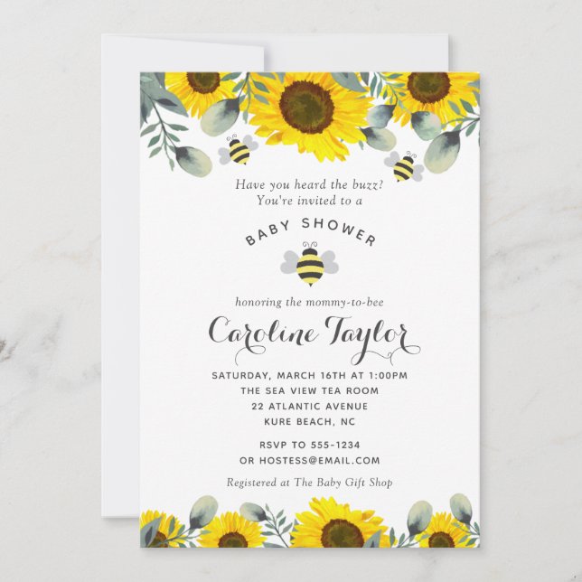 Elegante Sweet as Can Bee Sunflowers Babydusche Einladung (Vorderseite)
