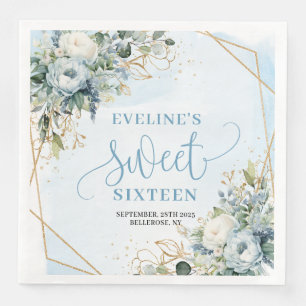 Elegante Sweet Sixteen 16 Staubblau Floral Party Serviette