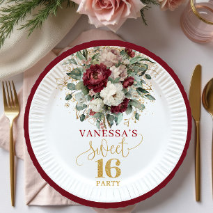 Elegante Sweet Sixteen Rosé-Bordeaux-Papierplatten Pappteller
