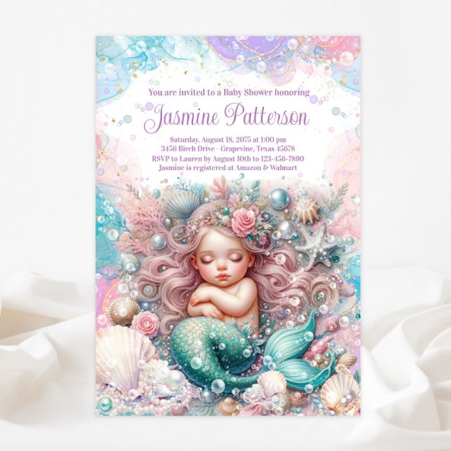 Elegante Sweet Sleeping Mermaid Baby Dusche Einladung (Von Creator hochgeladen)