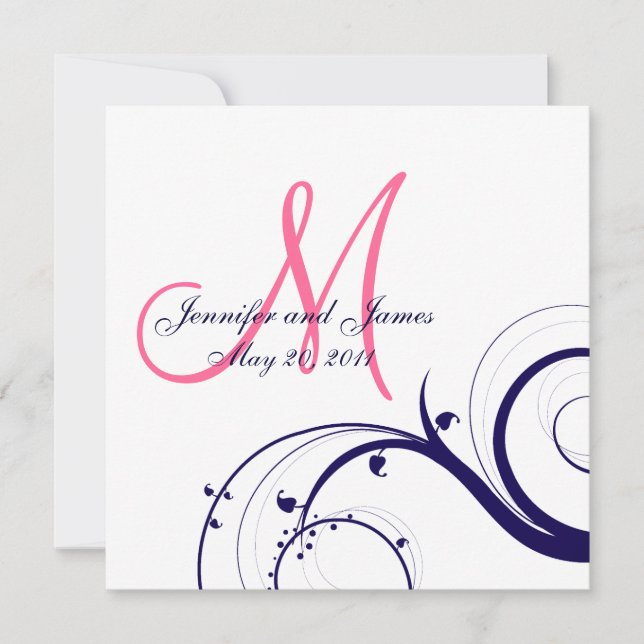 Elegante Swirl Hochzeit Einladung 2 Navy Pink Whit (Vorderseite)
