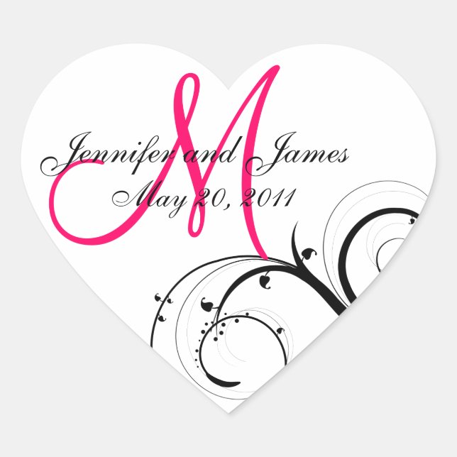 Elegante Swirl Monogram Gastgeschenk Hochzeit Labe Herz-Aufkleber (Vorderseite)