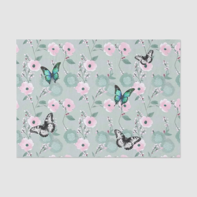 Elegante Szene und rosa Florals mit Schmetterlinge Seidenpapier (Vorderseite)