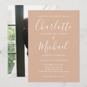 Elegante Tan-Signatur-Schrift-Foto-Hochzeit Einladung