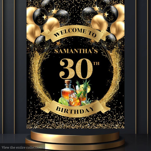 Élégante Tapisserie Black Gold 30th Birthday (Stylish 30th Birthday Black Gold Tapestry)