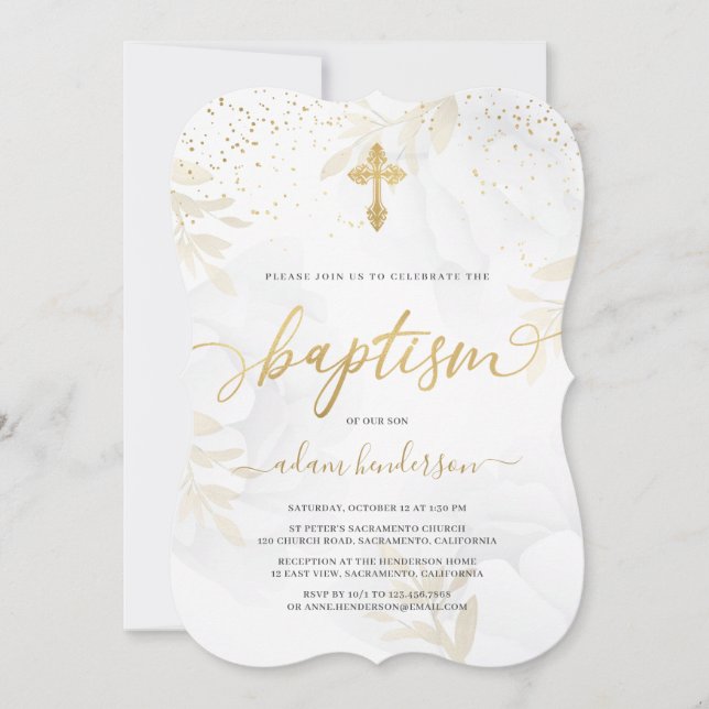 Elegante Taufe aus Gold und Weiß Einladung (Vorderseite)