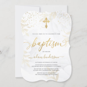 Elegante Taufe aus Gold und Weiß Einladung
