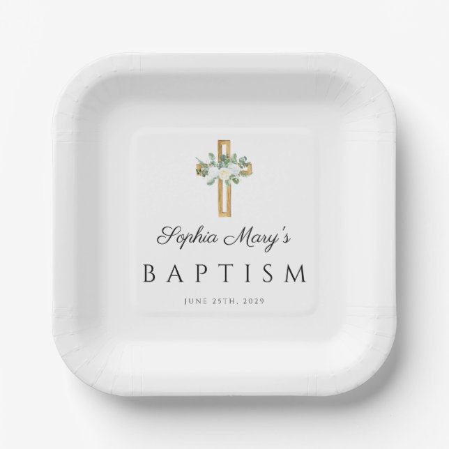 Elegante Taufe aus religiösem Kreuz Pappteller (Vorderseite)