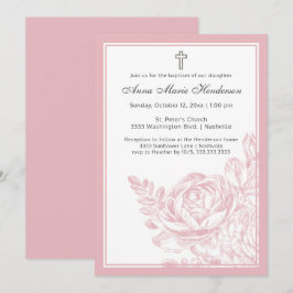 Elegante Taufe Blush Pink Line Gezeichnet Bloral Einladung