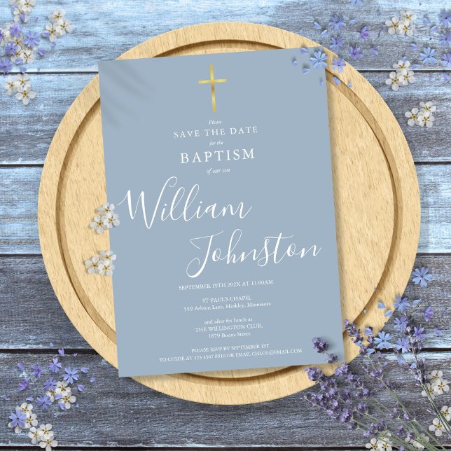 Elegante Taufe Christening Gold Cross Dusty Blue Save The Date (Elegant Baptism Christening Gold Cross Dusty Blue Save The Date)