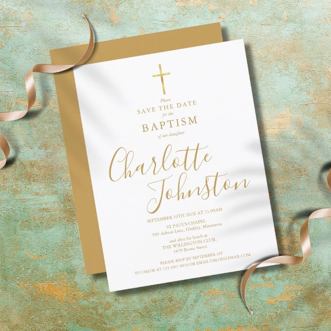 Elegante Taufe Christening Gold Signature Script Ankündigungspostkarte (Von Creator hochgeladen)