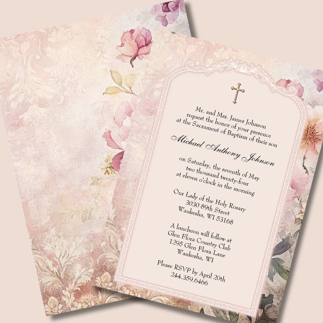 Elegante Taufe Christening Pink Floral Einladung (Von Creator hochgeladen)