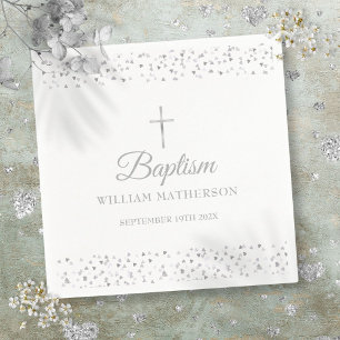 Elegante Taufe Christening Silberne Herzen Serviette