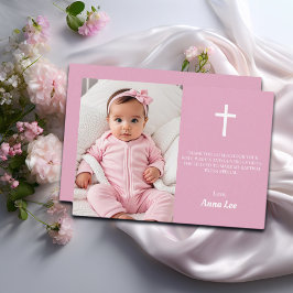 Elegante Taufe Christening White Cross Dusty Pink Dankeskarte