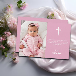 Elegante Taufe Christening White Cross Dusty Pink Dankeskarte