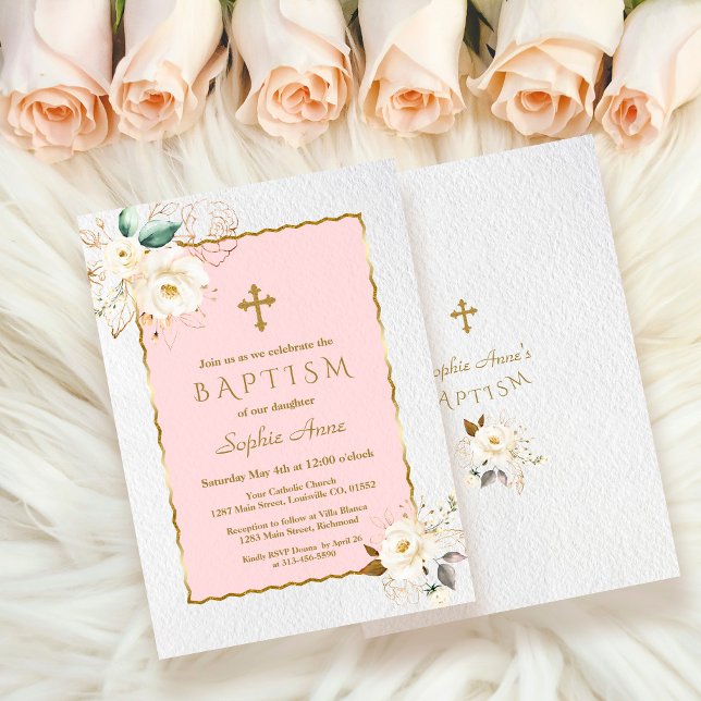 Elegante Taufe des Weißen Goldenen Blütenkreuzers Einladung (modern white flowers baptism, trendy elegant white floral gold girl baptism, floral girl baptism)