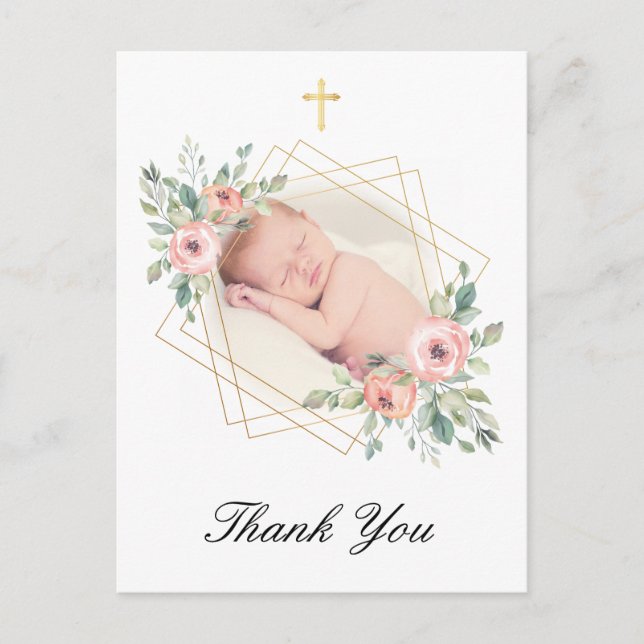 Elegante Taufe floral Vielen Dank Postkarte (Vorderseite)