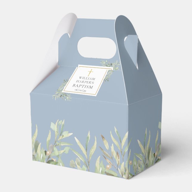 Elegante Taufe Grüne Blätter Dusty Blue Geschenkschachtel (Vorderseite)