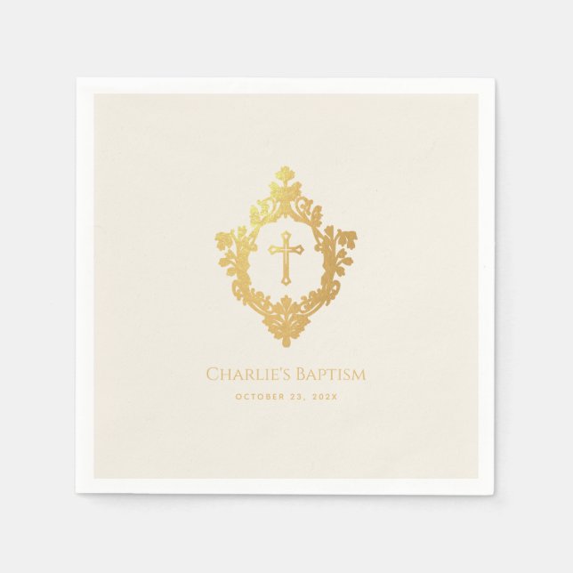 Elegante Taufe Imitate Gold Cross in Wappen Elfenb Serviette (Vorderseite)