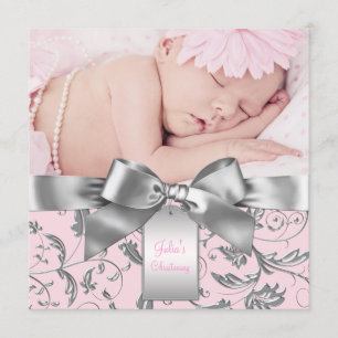 Elegante Taufe in Rosa und Grau Einladung