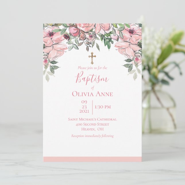 Elegante Taufe Rosa Blumenname Einladung (Stehend Vorderseite)