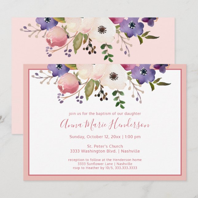 Elegante Taufe Rosa und Creme Girl Einladung (Vorne/Hinten)