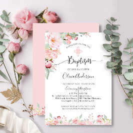 Elegante Taufe Rosa und Minzflorale Einladung