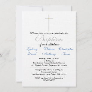 Elegante Taufe Silver Cross Blue Triplets Einladung