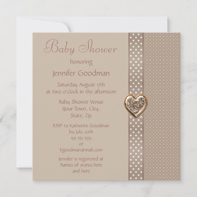 Elegante Taupe Bow & Heart Jewels Babydusche Einladung (Vorderseite)