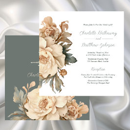 Elegante Taupe mit grüner Blütenhochzeit Einladung