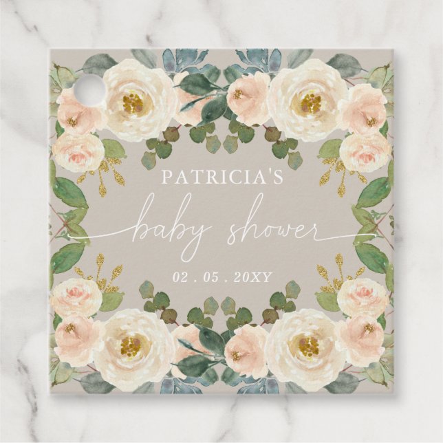Elegante Taupe Peach Floral Baby Dusche Geschenkanhänger (Vorderseite)