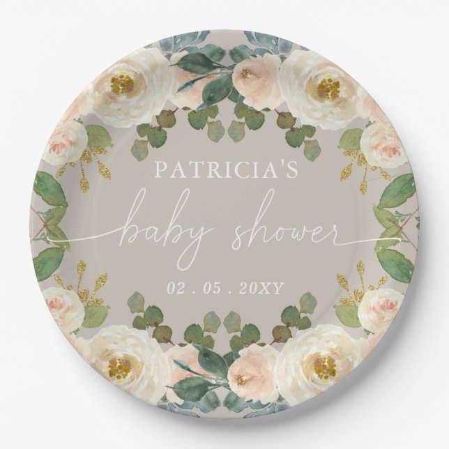 Elegante Taupe Peach Floral Baby Dusche Pappteller (Vorderseite)