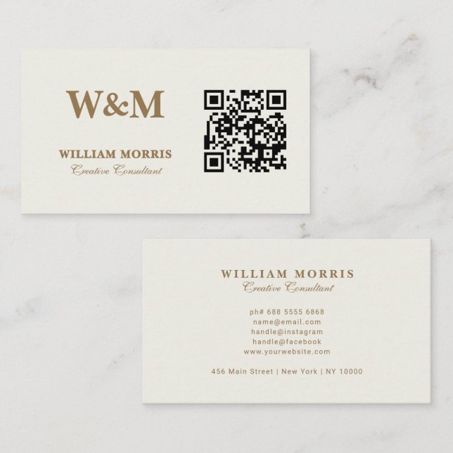 Elegante Taupe QR-Code-Logo-Vorlage Visitenkarte (Vorne/Hinten)