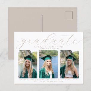 Elegante Taupe Script Minimalistisch Abschluss 3 F Einladungspostkarte