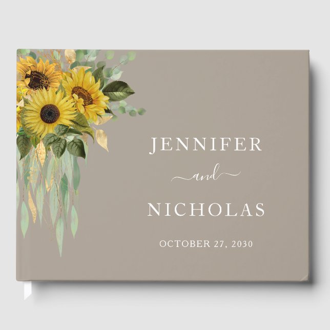 Elegante Taupe Sonnenblumen Hochzeit Gästebuch (Vorderseite)