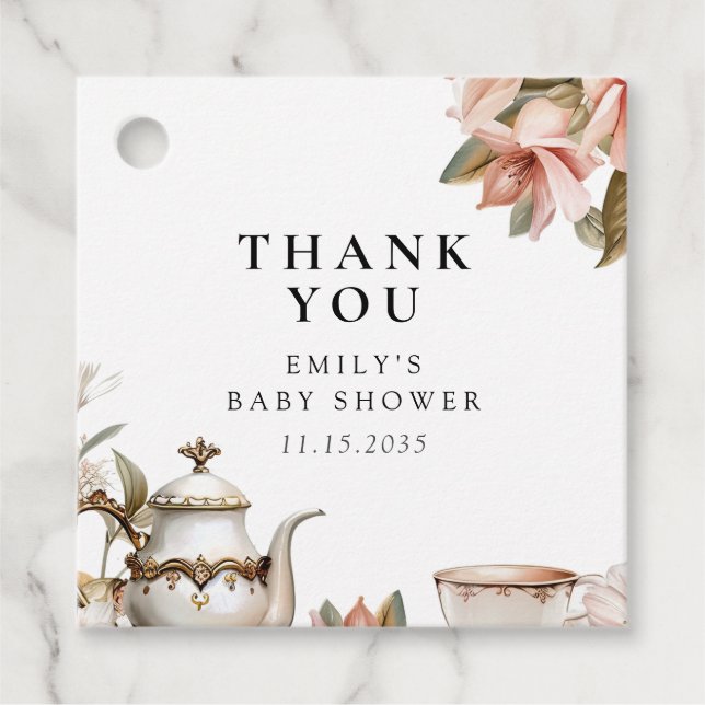 Elegante Tea Party Babydusche Geschenkanhänger (Vorderseite)