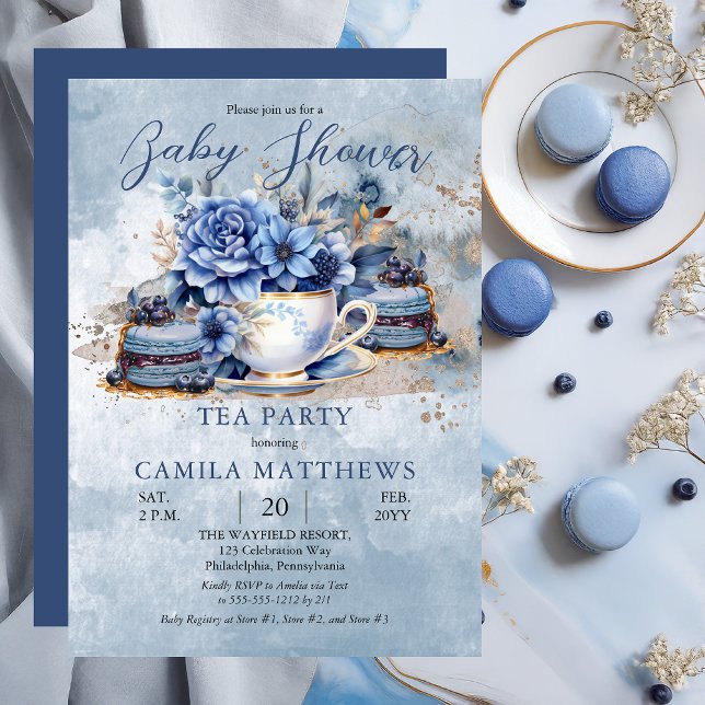 Elegante Teacup Babydusche Einladung (Blue Elegant Floral Teacup and Macarons Baby Shower Tea Party Invitation - Print | Digital Download)