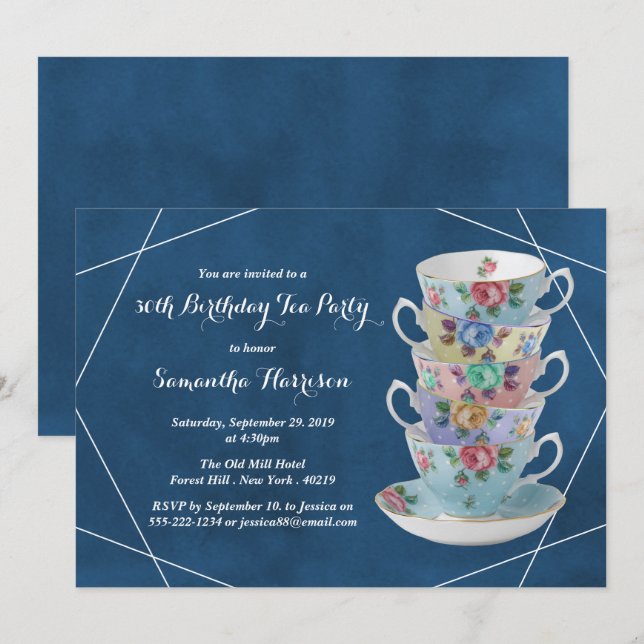 Elegante Teacups Birthday Tea Party Einladung (Vorne/Hinten)