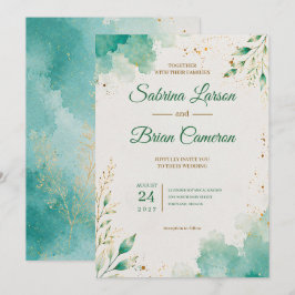 Elegante Teal-Aquarell-Botanik-Gold-Hochzeit Einladung
