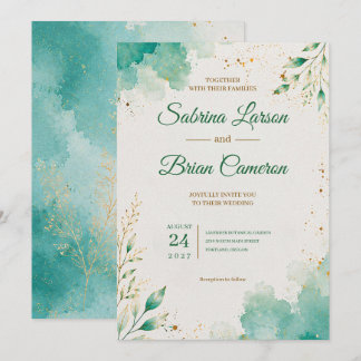 Elegante Teal-Aquarell-Botanik-Gold-Hochzeit Einladung