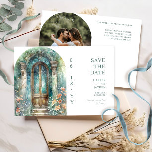 Elegante Teal Blau Botanischer Garten Foto-Hochzei Save The Date