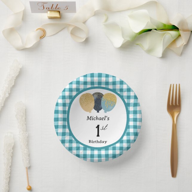 Elegante Teal Blau Gingham & Luftballons 1. Geburt Pappteller (Hochzeit)