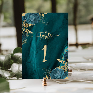 Elegante Teal Blau Gold Blumenhochzeit Tischnummer