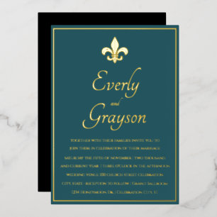 Elegante Teal Blau Gold Fleur De Lis Hochzeit      Folieneinladung