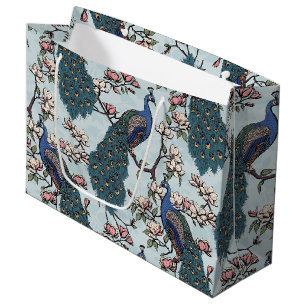 Elegante Teal Blumen Pfauen und Magnolienblüten Große Geschenktüte