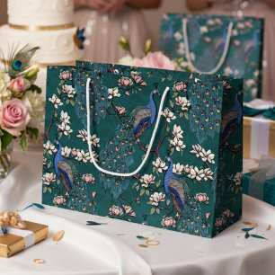 Elegante Teal-blüten-Pfauen und Magnolienblüten Große Geschenktüte