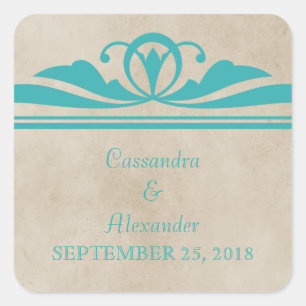 Elegante Teal Deco-Hochzeitsaufkleber Quadratischer Aufkleber
