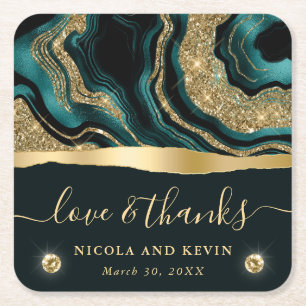 Elegante Teal-Folie und Gold-Glitter-Achat-Hochzei Rechteckiger Pappuntersetzer