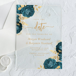 Elegante Teal-Gold-Blumen-Hochzeitssave-the-Date-K Acryleinladungen